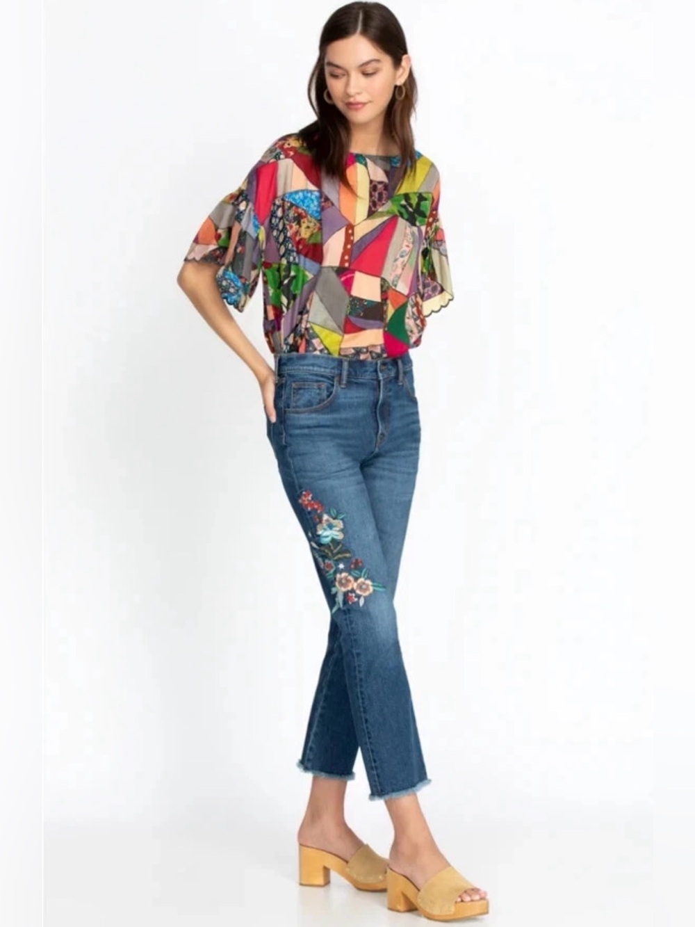 Johnny Was Ardell Cropped Baby Bell Jeans Size 29 NWT Embroidered BOHO